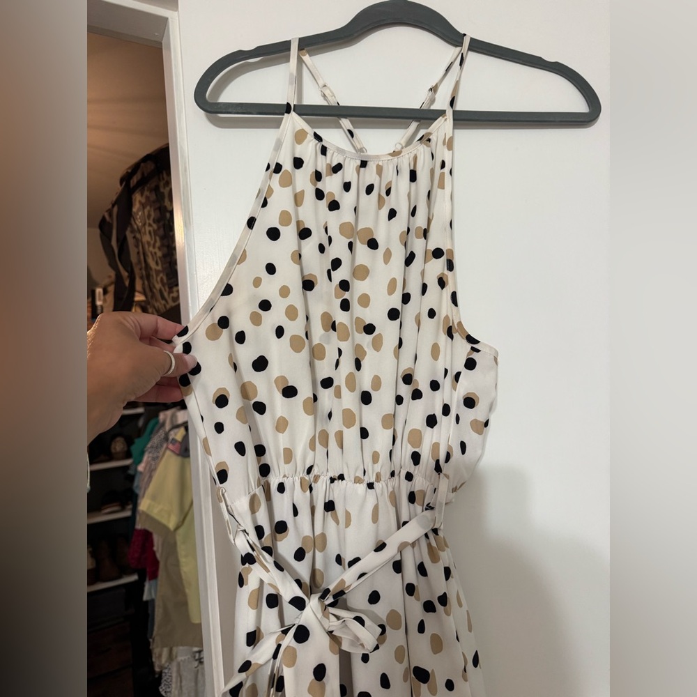 Polka Dot Halter Midi Dress in Ivory with Black & Tan Dots